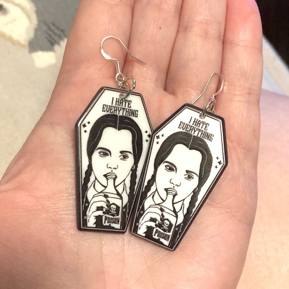 Wednesday Addams I Am Smiling Pin & Handmade I Hate Everything Earrings - Picture 3 of 6